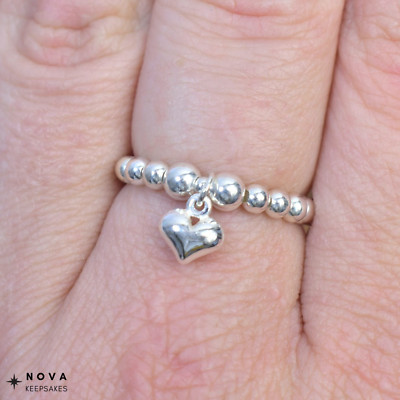 Perlen Stretch Ring mit Puff Herz Anhänger Sterlingsilber Daumenring