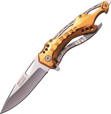 Mtech Linerlock Gold A/O Knife MT-A705SGD 4 3/4" closed. 3 1/4" satin finish sta