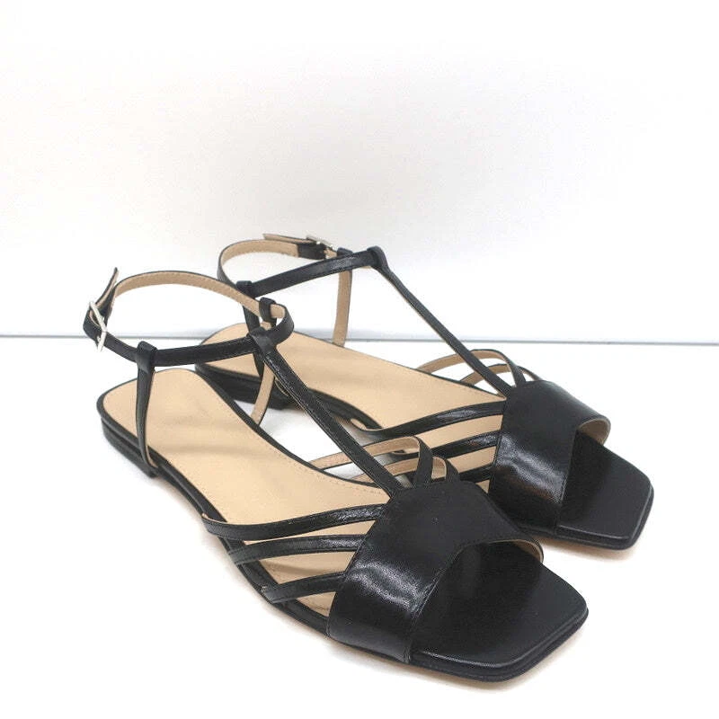 Theory V Strap Sandals Black Leather Size 38.5 Slingback Flats NEW - Image 2 of 4