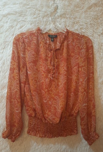 Jessica Simpson Summer Blouse Sheer Long Sleeve Elastic Waist Sz Small Dressy