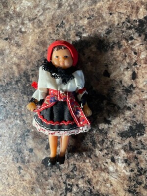Vtg Czech Doll Girl Folk Traditional Costume Rubber 4'' 1960s 1950s Miniature