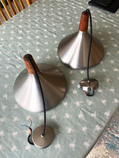 2x Silver Cone Pendant Lights Brushed Metal & Wood Detail E27 Max 60W