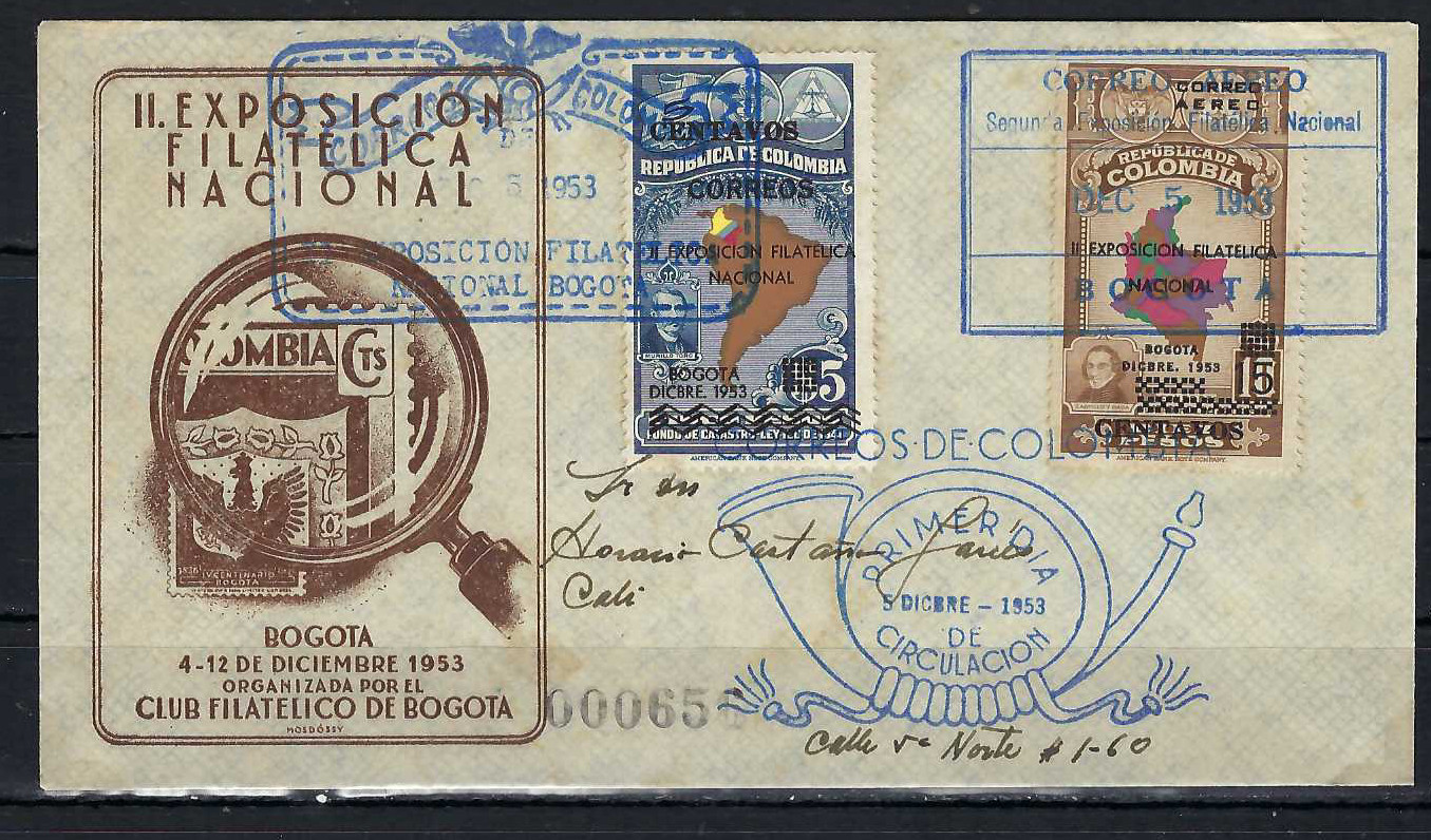 II EXPOSICION FILATELICA NACIONAL'   CLUB FILATELICO BOGOTA TO  CALI  1953  RARE