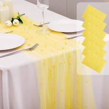 6 Pcs Pearl Table Runner 10FT, 30 x 120 Inch Yellow Boho Rustic Tulle Lace Ta...