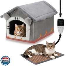 FHTONGE Heated Cat Bed House with Timer Temp Adjustment, Thermal Enclosed Kit