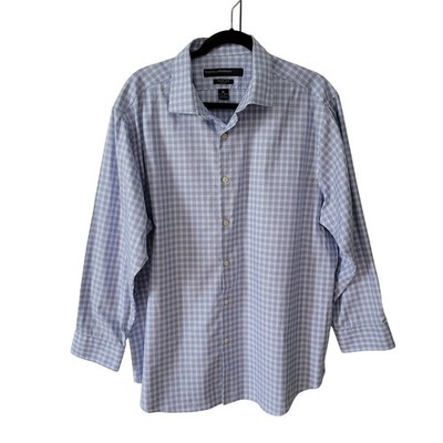 Perry Ellis XL Dress Shirt Blue White Gingham Wrinkle Free Cotton Long Sleeve