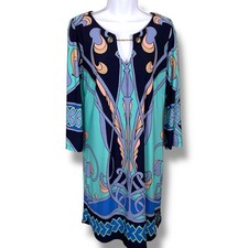Medium Dressbarn Blue Boho Dress Gold Chain Neckline Stretch Geometric