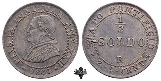 PONTIFICAL STATE Rome 1/2 penny 1867 Pope Pius IX year XXII