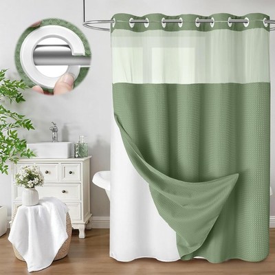 No Hook Shower Curtain & Liner Set Green Hotel Waffle Shower Curtain 75''L x72'' W