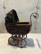 Antique Baby Doll Carriage/Stroller- Victorian Wicker Wood And Steel 19 Tall