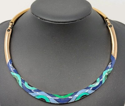 Eisenberg Enamel Collar Necklace Blue Green Gold Tone Vintage Statement Choker