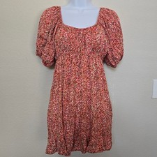 Floral Flowy Mini Short Dress Puff Sleeves Red Size Small