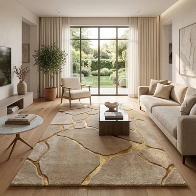 Luxury Textured Stone Path Hand-Tufted Wool Rug Beige Gold Abstract 3D Area Rug