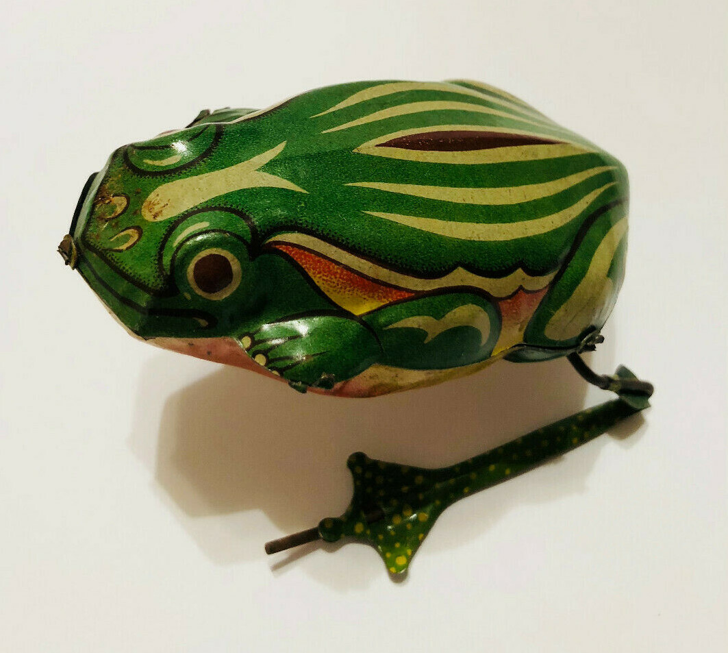 Vintage TIN LITHO FROG Wind Up Toy Jumping Hopping Frog CK Japan