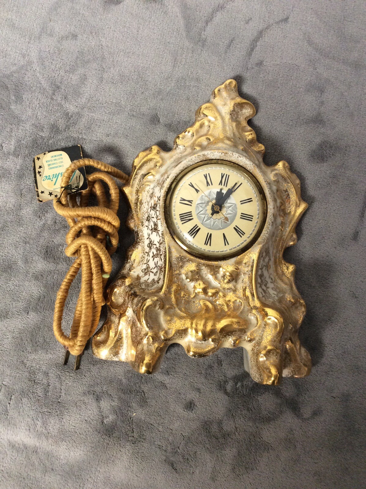 Vintage Lanshire Electric Mantle Clock, Porcelain, 22 K Gold Hand