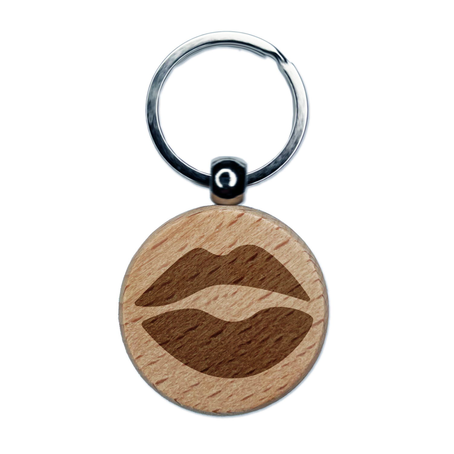 Kiss Lips Engraved Wood Round Keychain Tag Charm