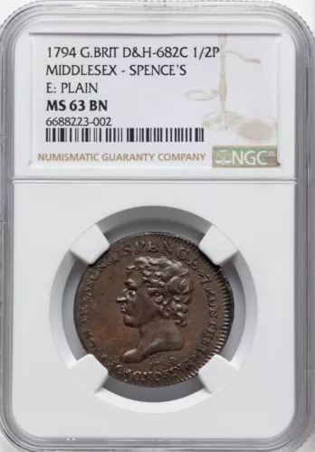 Great Britain - 1794 Middlesex - Spence's 1/2 Penny Token - NGC MS63 BN - SUPERB
