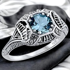 GENUINE AQUAMARINE 925 STERLING SILVER DECO ANTIQUE STYLE FILIGREE RING 287