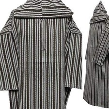 Moroccan Brown Grey 3-Quarter Length Striped Wool Blend Hooded Thobe Djellaba