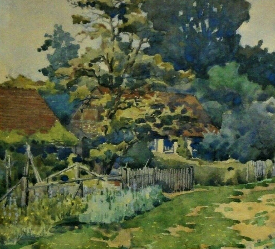 Symbol-Monogramm "Vogel" antik Aquarell: ALTE DORFSTRASSE, ZÄUNE UND BÄUME