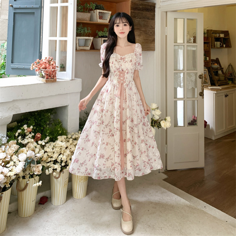 Women Floral Tea Dress Lace Embroidery Short Puff Sleeve Ruffle