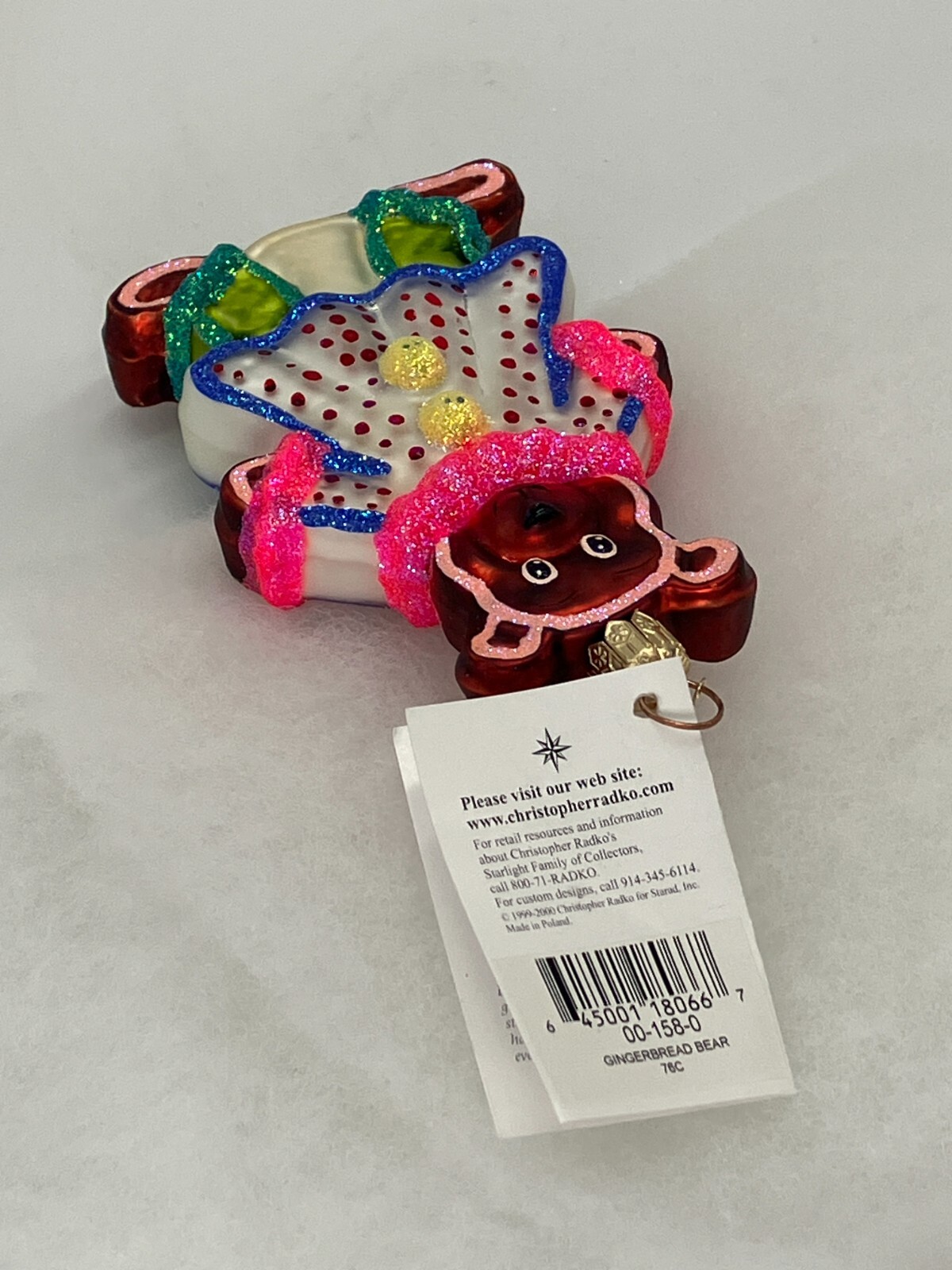 Vintage NEW Christopher RADKO 2000 GINGERBREAD BEAR Glass Ornament 00-158-0