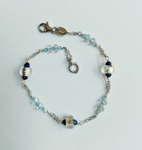 Bracciale in argento 925 con vetro di Murano trasparente lapislazzuli e zirconia - Foto 4 di 4