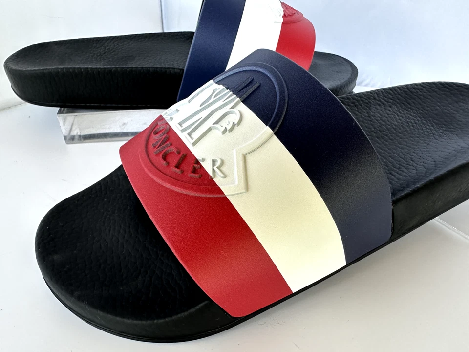 New Moncler Men's Basile Slider Pool Sandals Size 12 Rubber Logo Blue - Image 4 of 4