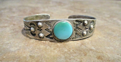 GEM OLD Fred Harvey Era Navajo Sterling Silver Turquoise Reverse Punch Bracelet