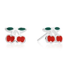 925 Sterling Silver Baby Cherry Enamel Stud Earrings Push-back Sleeper Studs