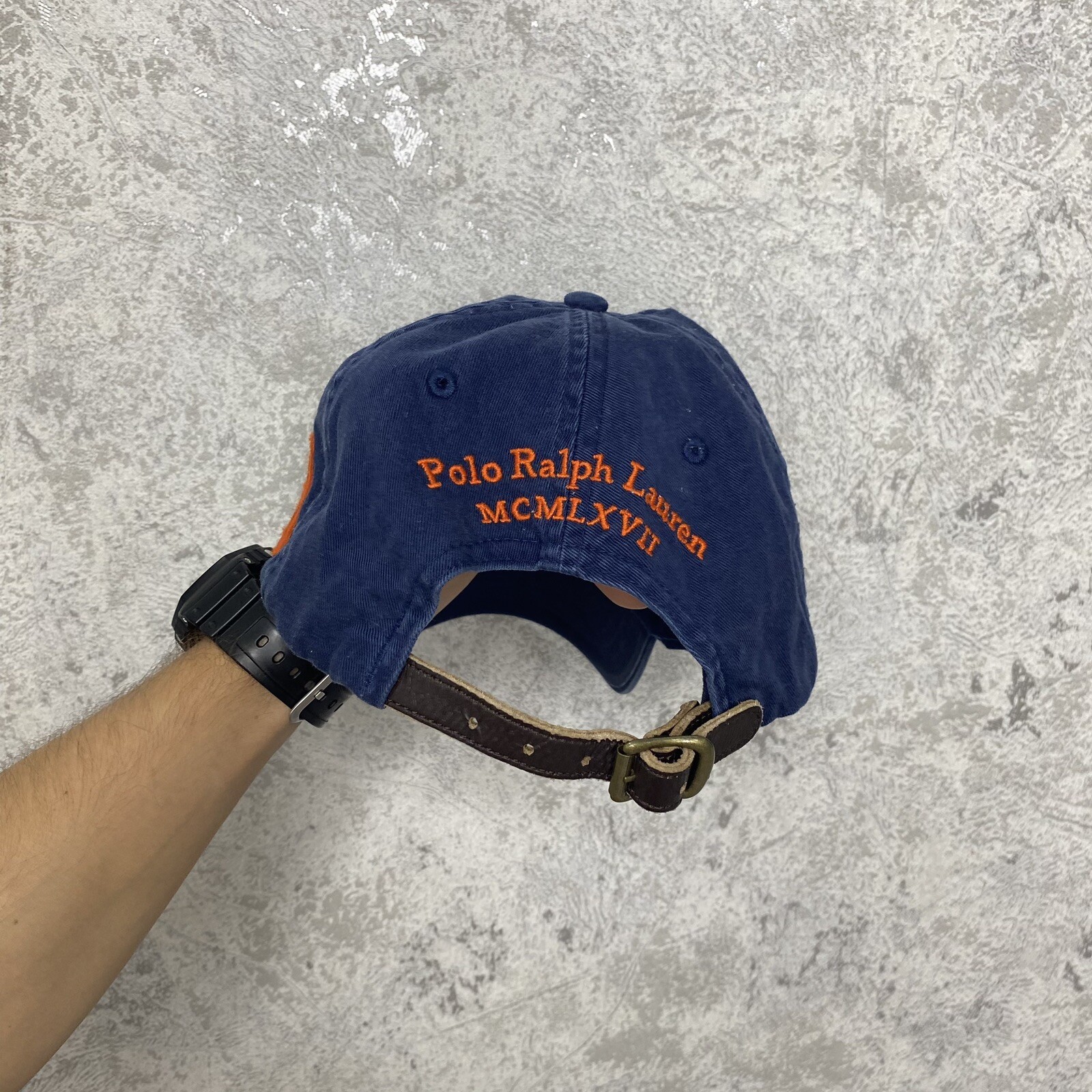 Cappello Polo Ralph Lauren Big Pony Berretto MCMLXVII Pelle Strapback Blu Arancione