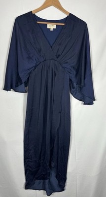 If By Sea Anthropologie Pleated Draped Kimono Sleeve Dress Satin Navy Size XS