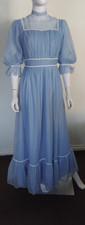 Vintage 60s Blue Nylon Chiffon Edwardian Style Frill Prairie Maxi Dress | S