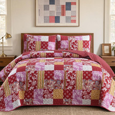 Boho Quilt Set King Size Patchwork Plaid Bedsperad, Red
