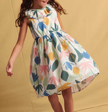 EUC kids Tea Collection girls Ruffle neckline Hi-Lo Dress colorful print size 5