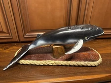 Large Vintage Carved Wood Humpback Whale Sculpture On Wood Mount 