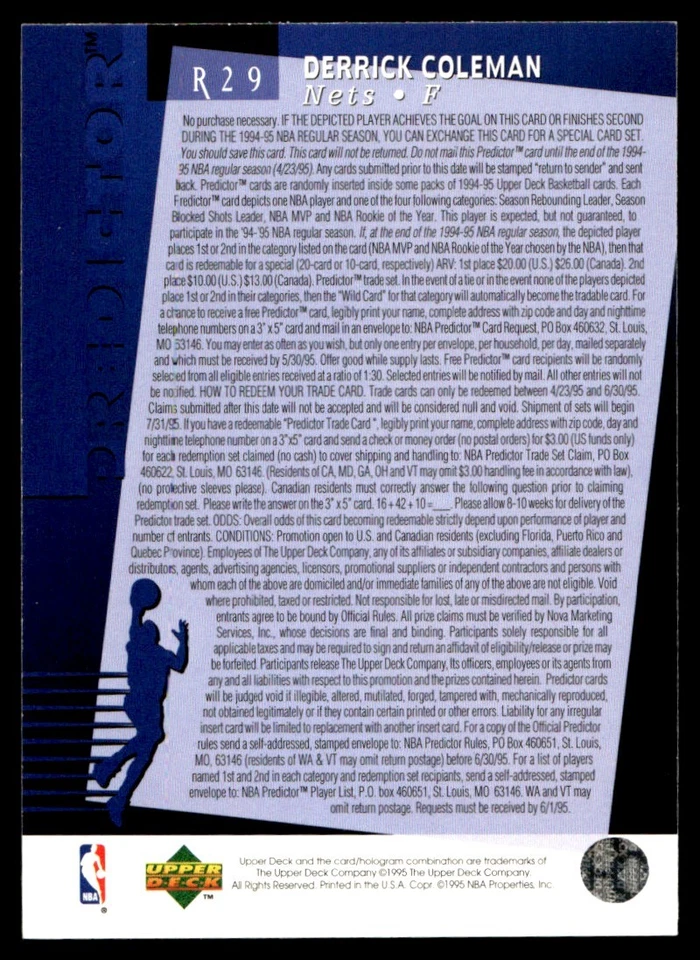 1994-95 Upper Deck Predictors Derrick Coleman #R29 - Image 2 of 2