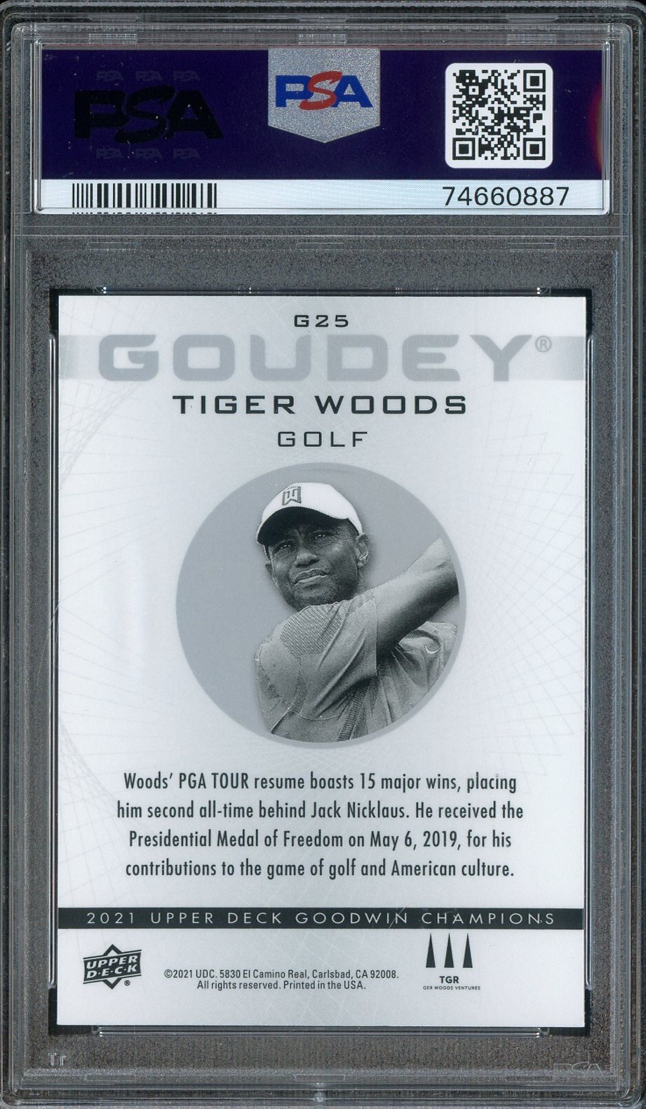 2021 UD Goodwin Champs Goudey Platinum Rainbow #G25 Tiger Woods PSA 9 MINT view 2