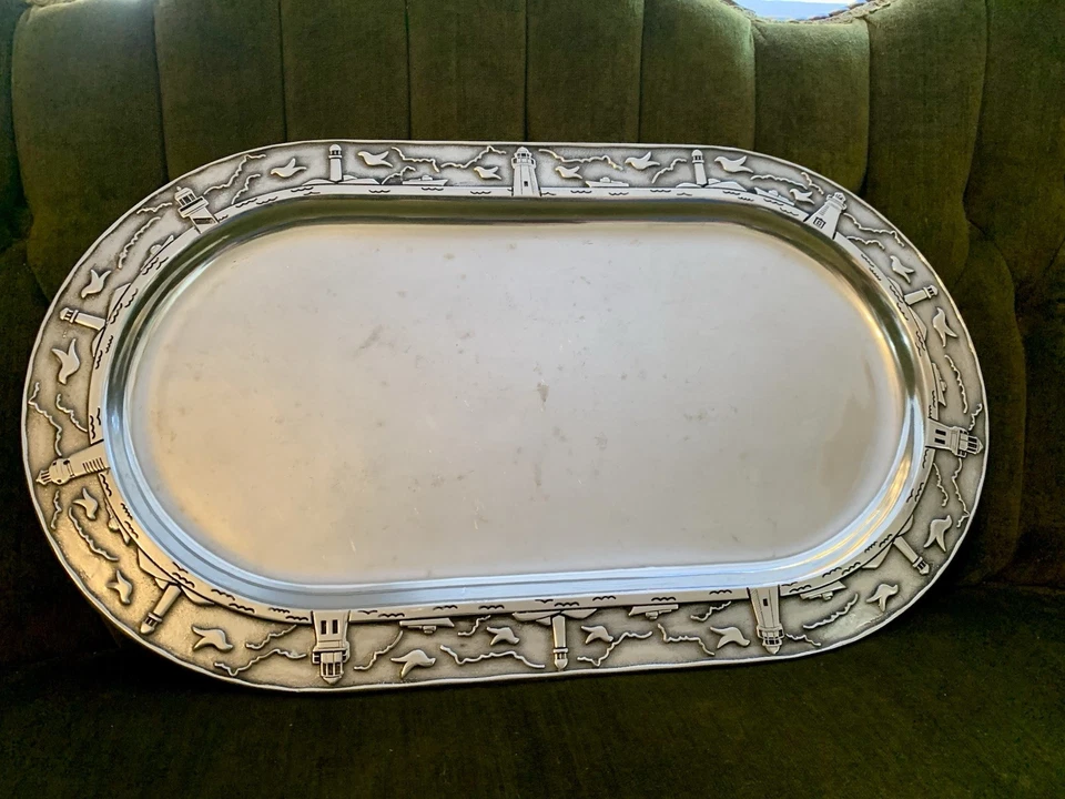 Wilton Armetale Rare Lighthouse Pattern Serving Tray, Large Oval 11X18 - Image 2 of 4