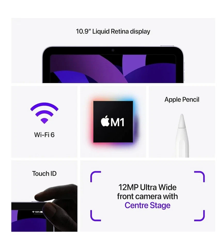 2022 Apple 10.9-inch iPad Air (Wi-Fi, 64GB) - Purple (5th Gen) 256GB, Ram 8GB - Image 2 of 4
