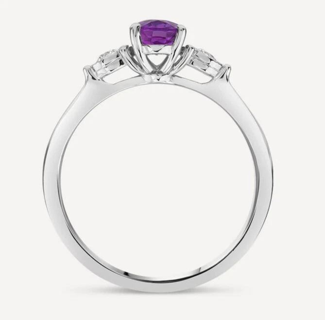 Simulated Purple Amethyst & White Moissanite 950 Platinum Three-Stone Chic Ring - Image 3 of 4