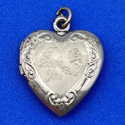 Vintage Heart Locket Pendant Sterling Silver Engraved I Love You .75''