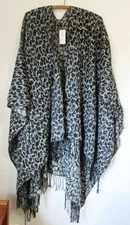 Lane Bryant Black & Gray Print Fringe Cape  Women's Shawl Sz 1X (one size)