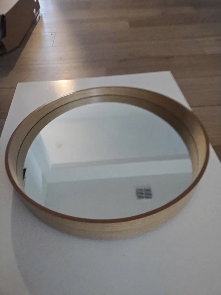 Round Bamboo Mirror 20" Brown Wall Mount Vanity Circle Boho Cane Scandinavian - Image 3 of 4