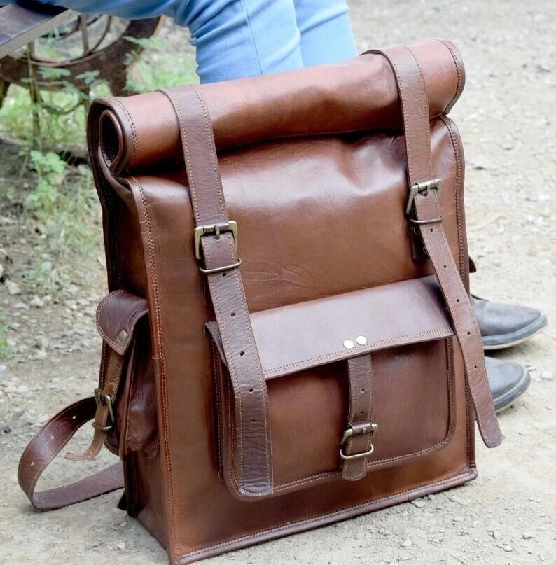 Men's Vintage Brown Hiking Real Leather Backpack Bag Travel Rucksack Genuine