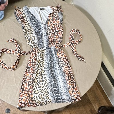 Express Animal Print Mini Fit & Flare Dress Ruffle Sleeve Tie V-Neck Multicolor