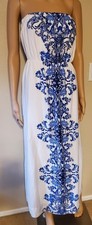Windsor White & Blue Floral Damask Chinoiserie Print Strapless Maxi Dress SZ M