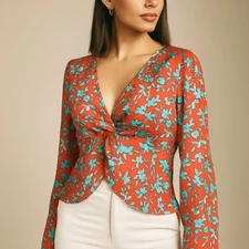 Satin Floral Red Twist-Front Crop Blouse Size L NWT (Love, Whit by Whitney Port)