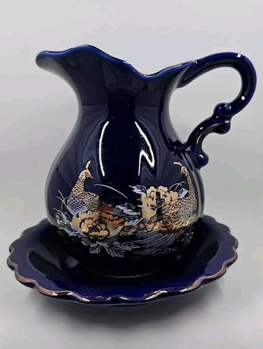 Vintage Japanese Peacock Cobalt Blue Pitcher And Saucer 