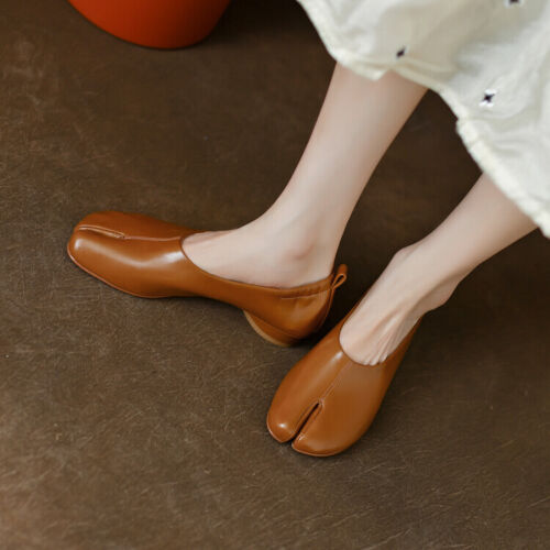 Women Fashion Leather Split Toe Slip On Loafers Mary Jane Tabi Shoes Size Comfor - Picture 1 of 22